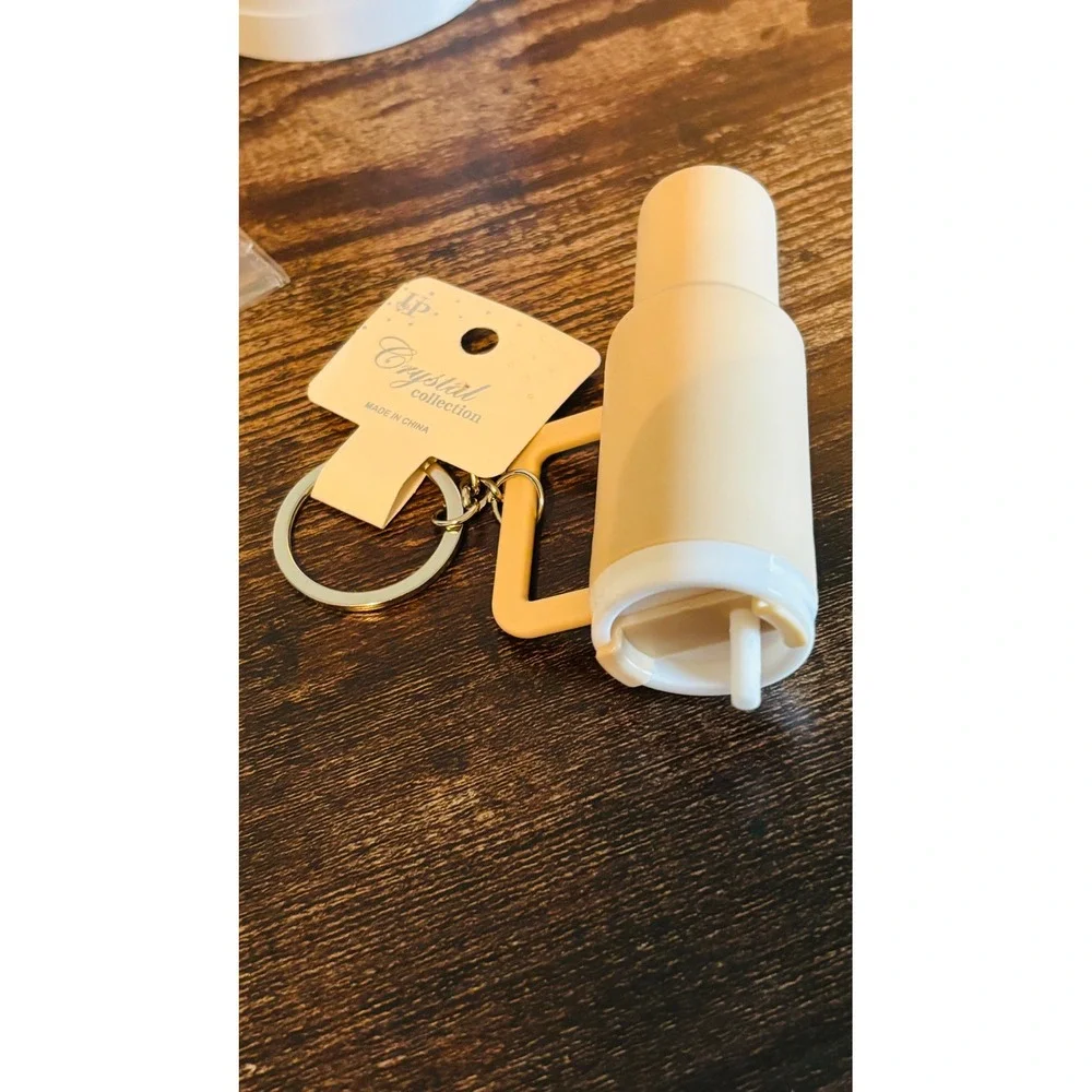 Mini Tumbler Keychain Beige Matte Cup Charm with Straw and Handle New